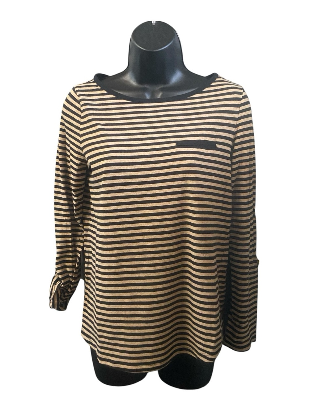 Jones New York Signature Petite Tan Black Striped Top Faux Pocket Women's PP